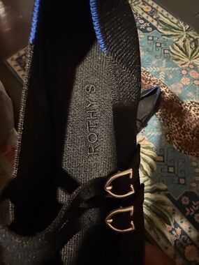 Rothy's Black Knit Slip-On Flats with Blue Trim